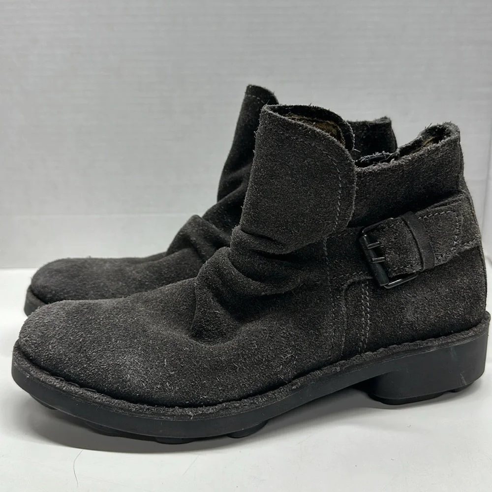 Fly London Ankle Boots Shoes Booties Suede Side Zip Buckle Gray Size 38 US 8